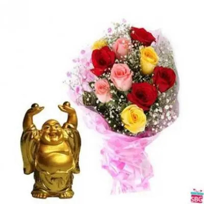 Mixed Roses With Laughing Buddha