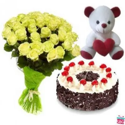 Yellow Roses, Teddy With Cake